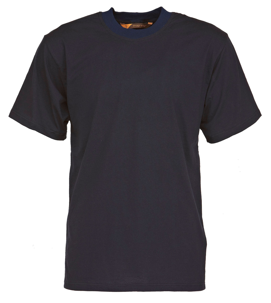 Tummansininen lyhythihainen t-paita miehille ja naisille pyöreällä pääntiellä.