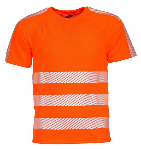 Lyhythihainen oranssi varoitus t-paita. Hihassa ja olkapäällä heijastinnauharaita ja edessä 3 heijastinraitaa. Erittäin näkyvä. Pyöreä pääntie.