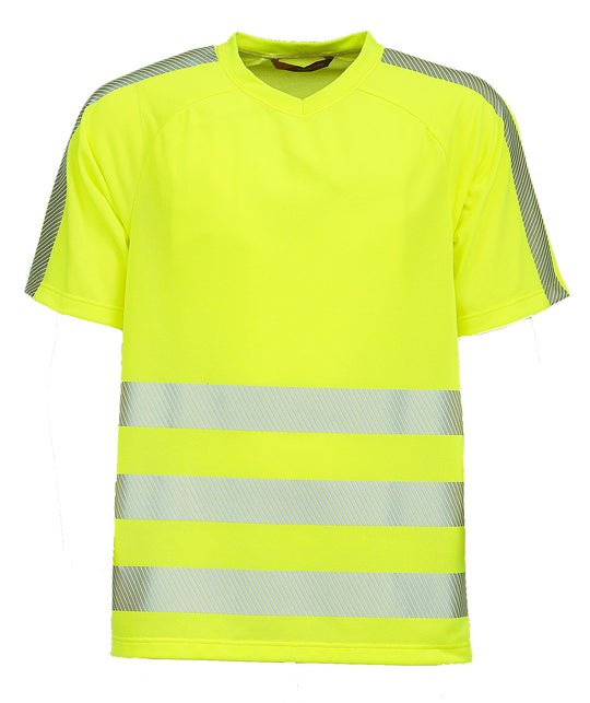 Lyhythihainen keltainen varoitus t-paita. Hihassa ja olkapäällä heijastinnauharaita ja edessä 3 heijastinraitaa. Erittäin näkyvä. Pyöreä pääntie.