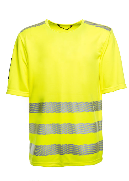 Fluoresoiva keltainen lyhythihainen varoitus t-paita. Olkapäillä heijastinnauhat ja kolme heijastinnauharaitaa edessä. Pyöreä pääntie. Vasemmassa hihassa käyntikorttikotelo.  