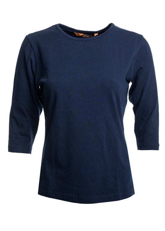 Naisten tummansininen hieman tyköistuva paita 3/4 -hihoilla ja O-pääntiellä. Aavistuksen vartalonmyötäinen malli.