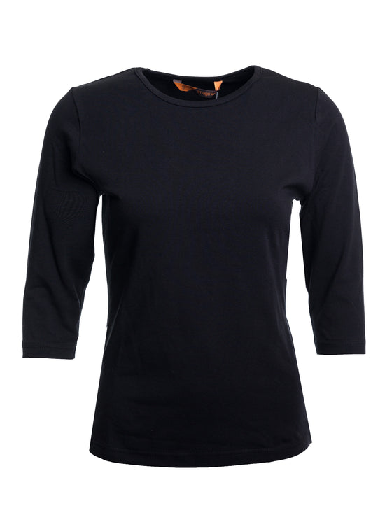 Naisten musta paita 3/4 -hihoilla ja O-pääntiellä. Joustavaa trikoomateriaalia. Aavistuksen vartalonmyötäinen malli.