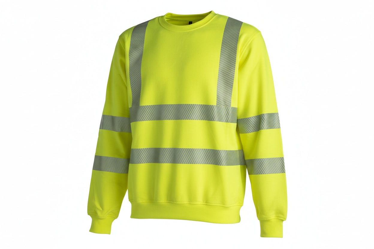 Pitkähihainen varoituskeltainen palosuojattu collegepaita heijastimilla. Heijastimet vyötäröllä, lantiolla ja kyynärpäissä vaakasuunnassa. Olkapäissä heijastimet pystysuunnassa.