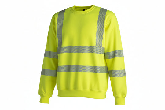 Pitkähihainen varoituskeltainen palosuojattu collegepaita heijastimilla. Heijastimet vyötäröllä, lantiolla ja kyynärpäissä vaakasuunnassa. Olkapäissä heijastimet pystysuunnassa.