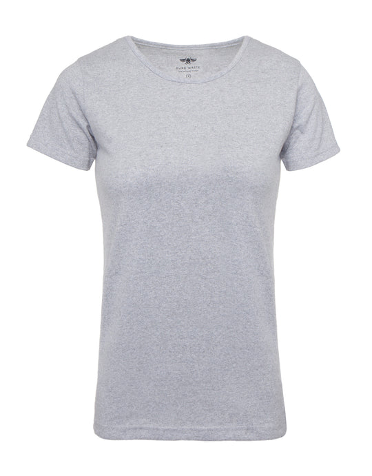 Meleeratun harmaa lyhythihainen t-paita naisille pyöreällä pääntiellä. Valmistettu kierrätysmateriaalista.