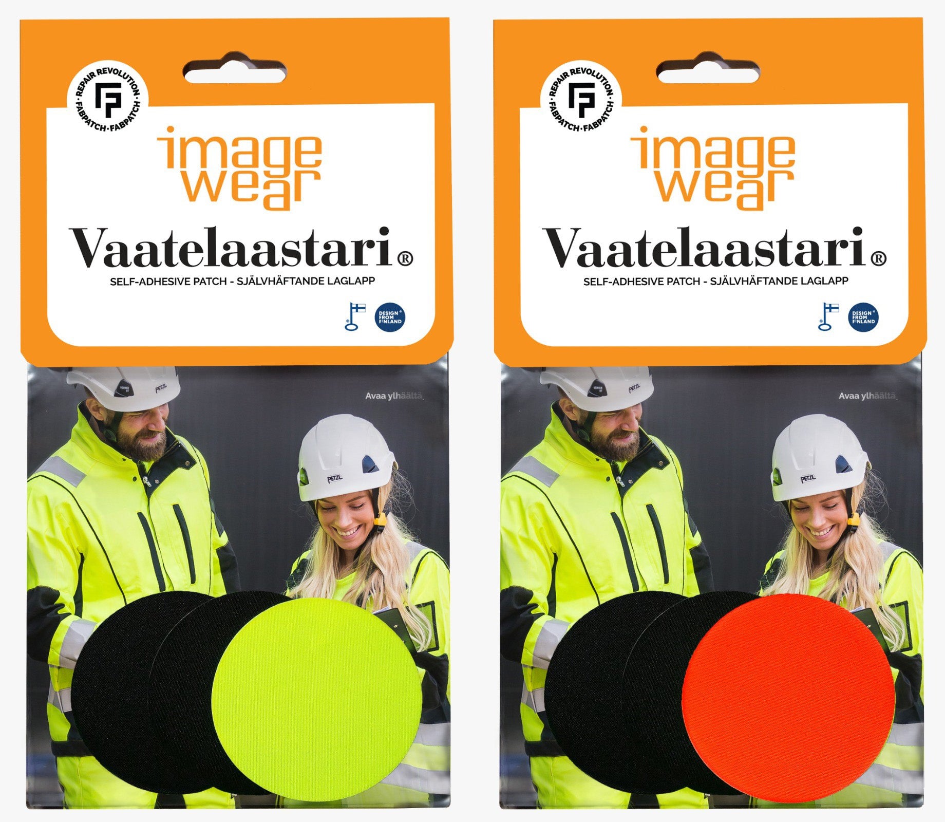 Image Wearin vedenpitävät Vaatelaastarit® on kehitetty erityisesti Gore-Tex -vaatteiden paikkaamiseen, mutta ne soveltuvat mainiosti myös muihin materiaaleihin. Pakkauksessa on kolme paikkaa: kaksi mustaa ja yksi hi-vis keltainen tai oranssi. Vaatelaastari® on helppo ja nopea tapa korjata työvaate siististi. 