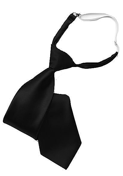 Valmiiksi solmittu solmio hakaskiinnityksellä. Solmiossa on solkiosa, joka katkeaa, jos solmio tarttuu kiinni. Pituus 50 cm. 